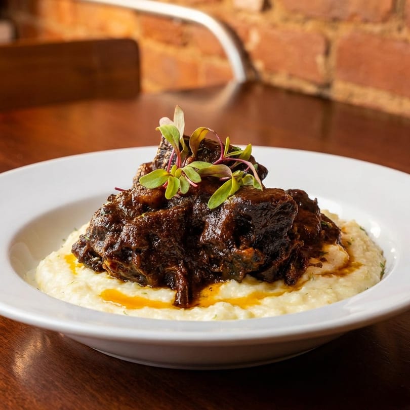 Braised short ribs with creamy grits and microgreens, served in a white bowl at Flare House.