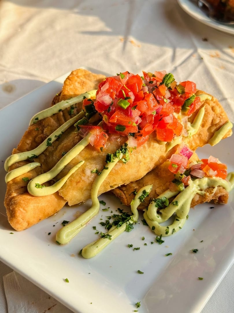 Golden-fried empanadas topped with fresh tomato salsa and a drizzle of green avocado crema on a white plate.