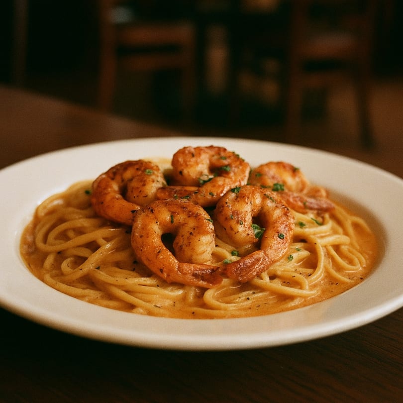 Shrimp scampi pasta with a creamy sauce and parsley on a white plate at Flare House.