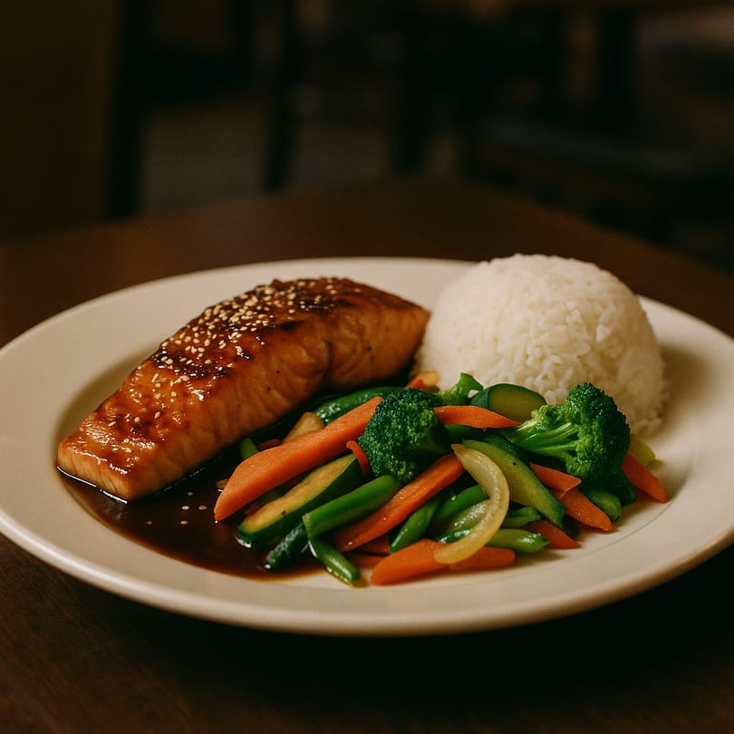 Flare House American Fusion Cuisine's salmon with sesame seeds, mixed vegetables, and white rice.