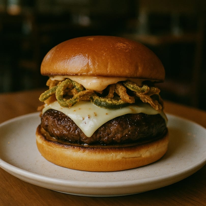 Flare House American Fusion burger with melted cheese, crispy jalapeños, and sauce on a bun.